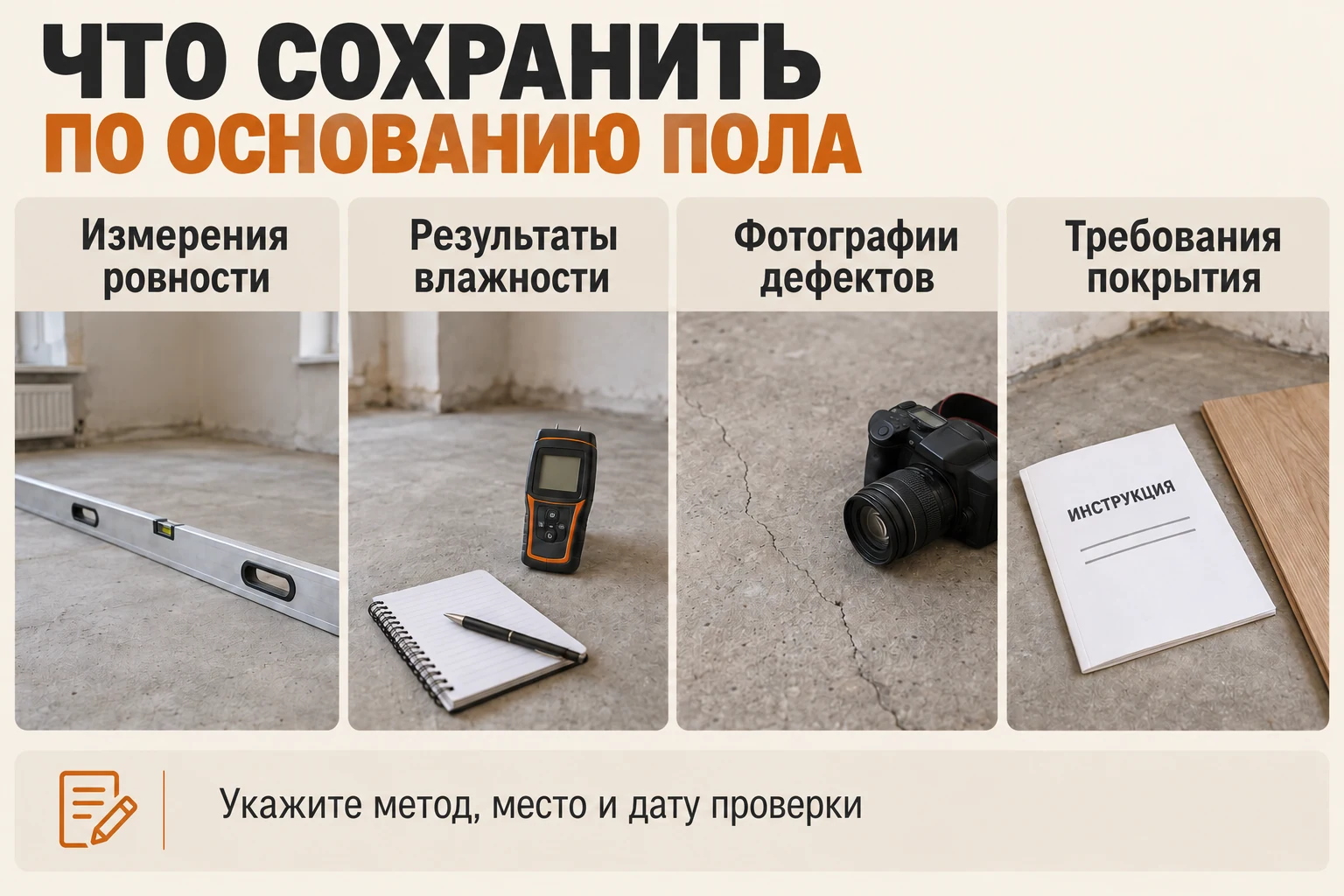 Что сохранить по основанию пола: измерения ровности, результаты влажности, фотографии дефектов и требования покрытия