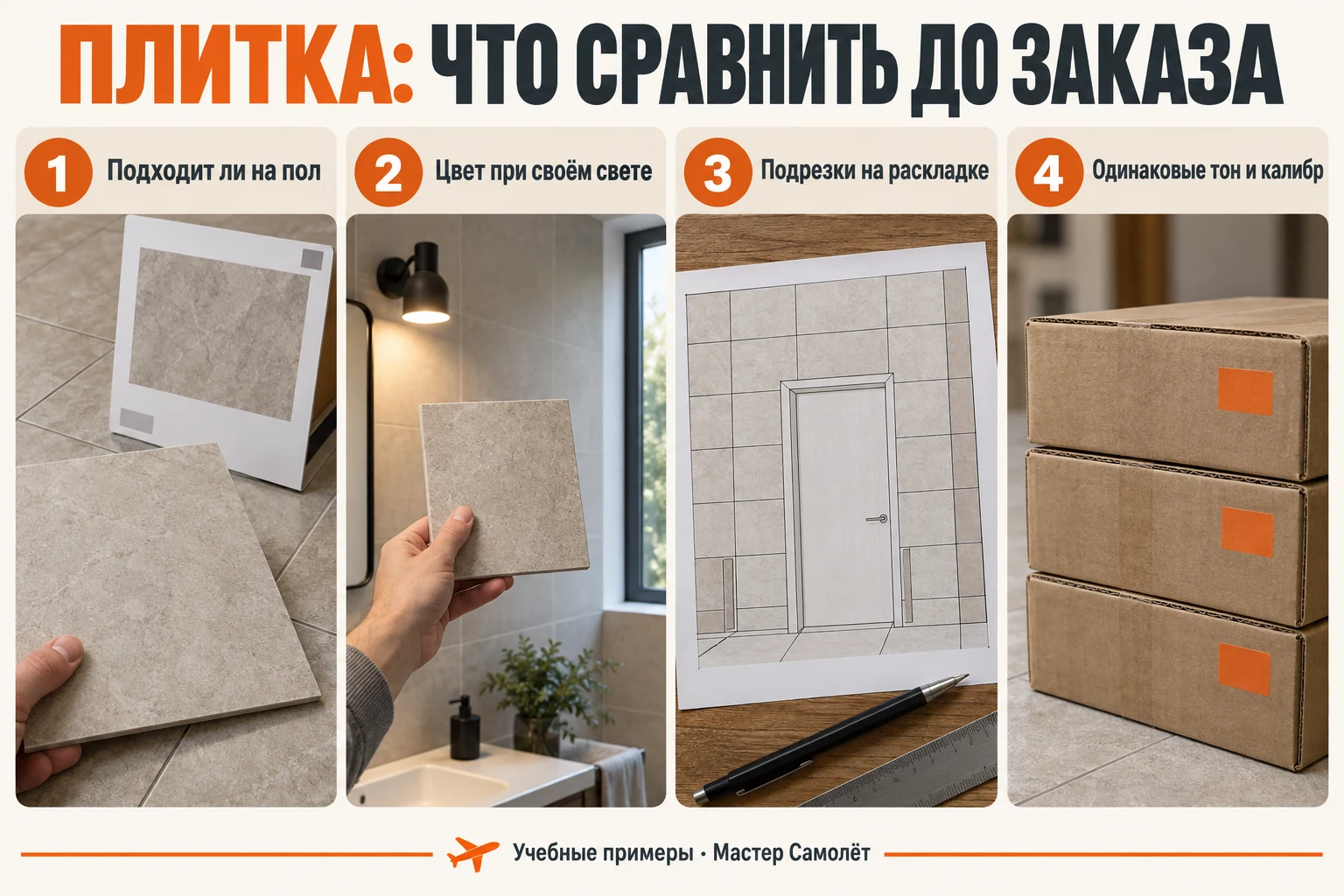 Выбор плитки: назначение для пола, образец при свете ванной, раскладка стены и одинаковые тон и калибр партии