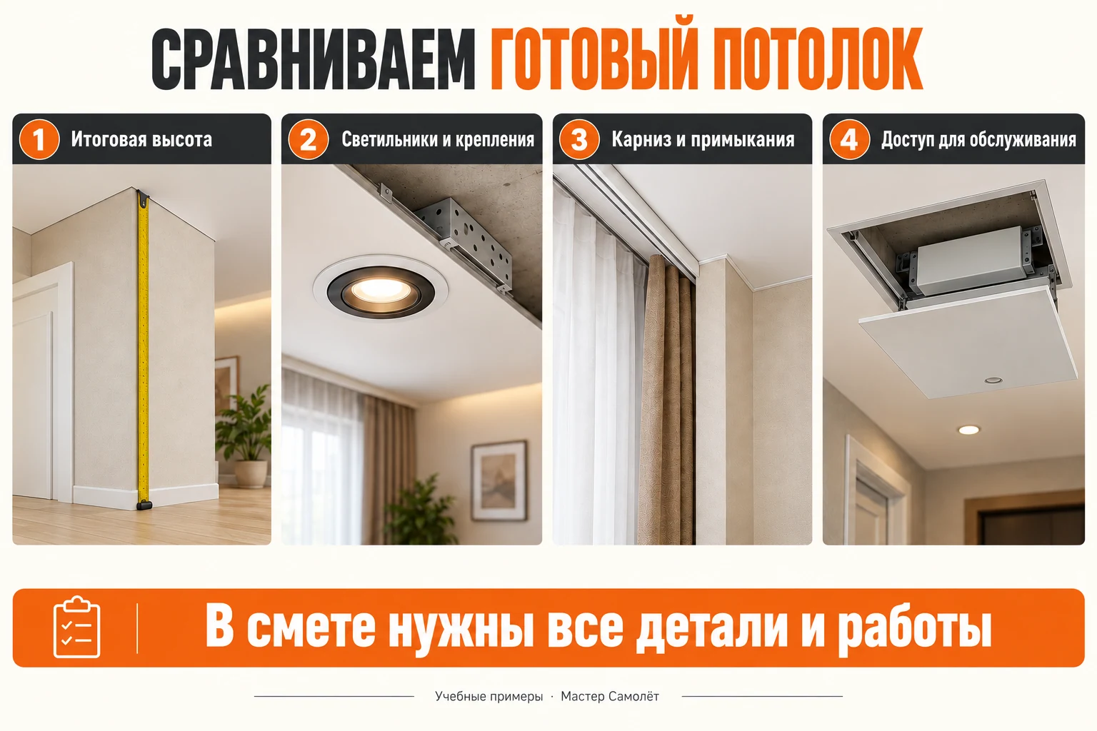 Четыре пункта сравнения потолков: итоговая высота, светильники, карниз и доступ к обслуживаемому оборудованию