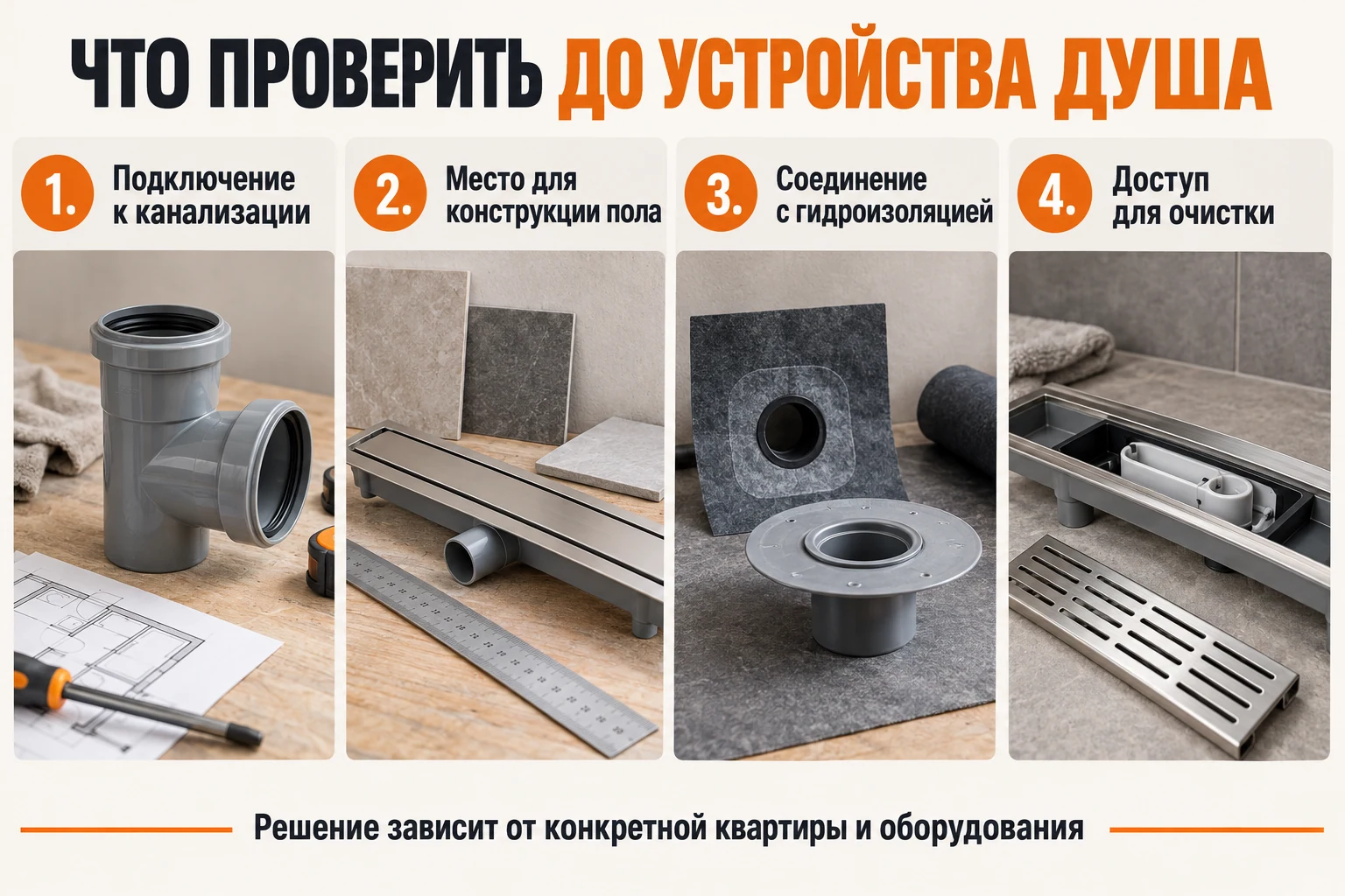 Что проверить для душевой: слив, место для конструкции пола, соединение с гидроизоляцией и доступ для очистки