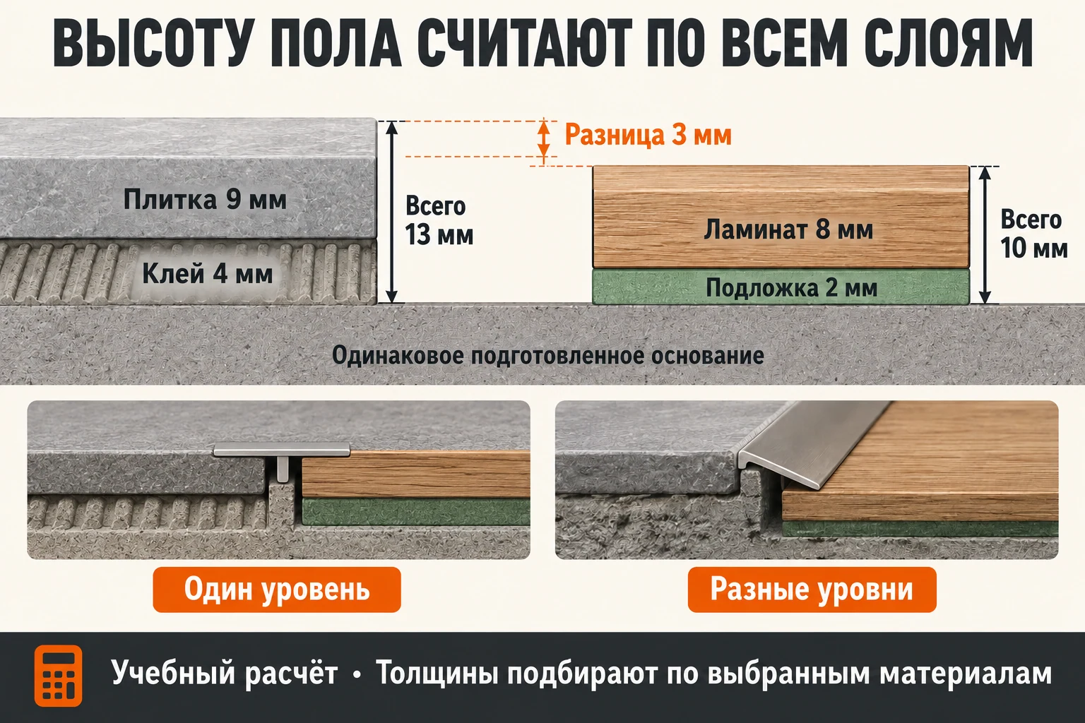 Учебное сравнение: плитка с клеем 13 мм, ламинат с подложкой 10 мм, разница 3 мм и варианты профиля перехода